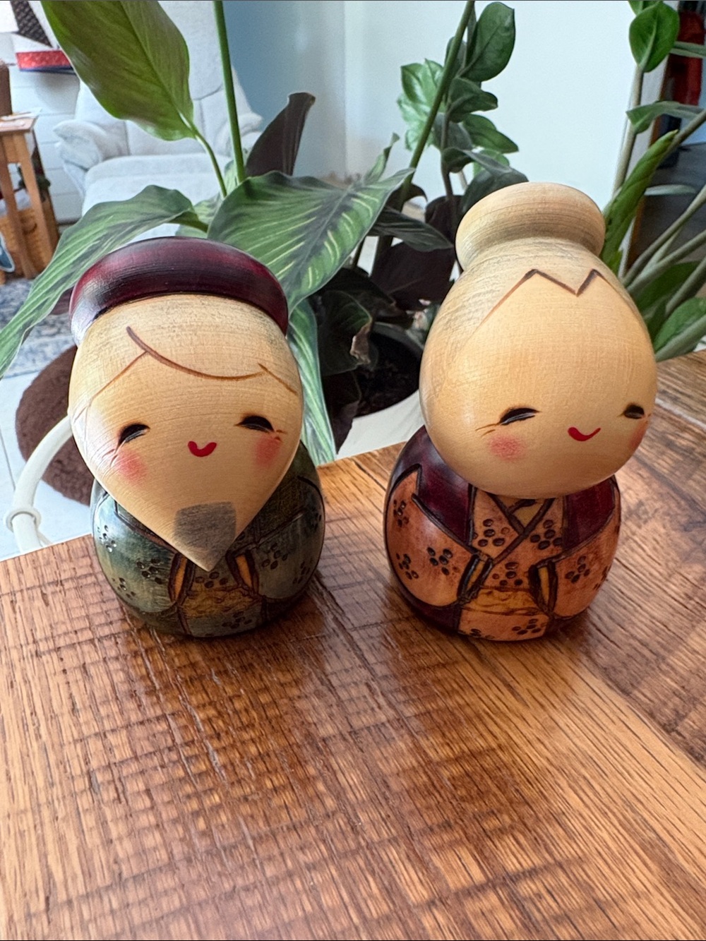 Handcrafted Wooden Kokeshi-Style Figurines in Natural, Green and Brown
